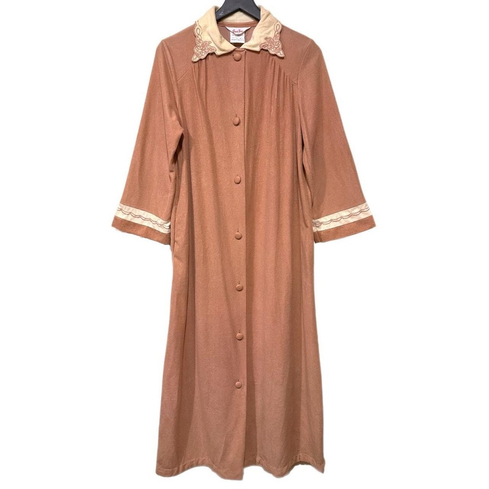 Vintage 60s Pink & Ivory Embroidered Button Up Long Sleeve Sleeper Lounger Dress